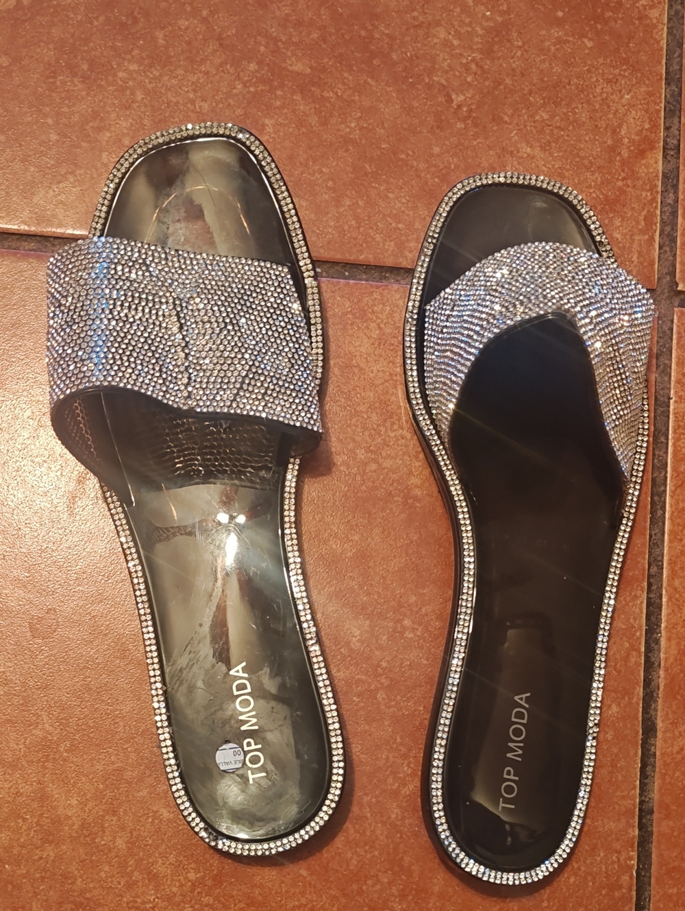 TOP Moda Black Slide Sandals with Silver Rhinestone Straps
